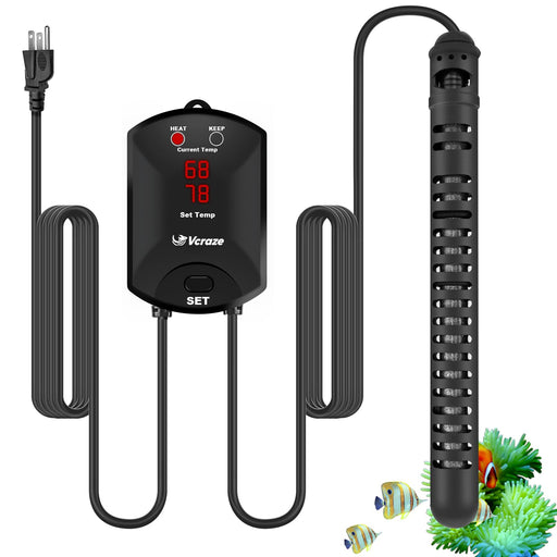 Black digital aquarium heater with temperature controller and submersible heating element