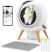 White spherical smart cat litter box with white cat inside, wooden legs, app interface, and