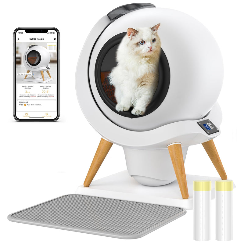 White spherical smart cat litter box with white cat inside, wooden legs, app interface, and