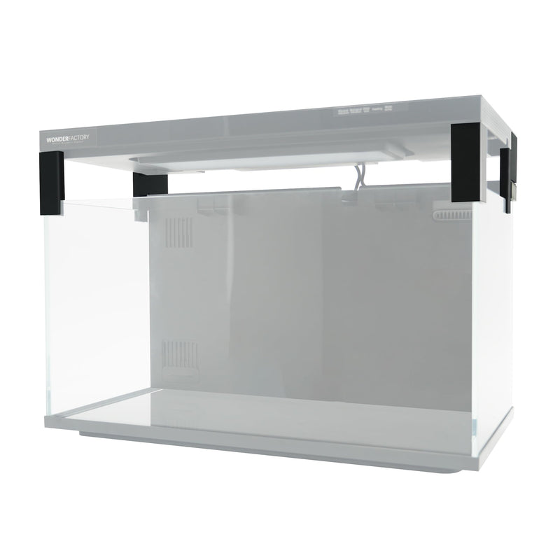 White glass aquarium tank with black extension bracket mounted on top for height adjustment