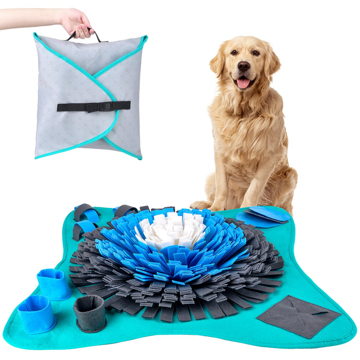 Snuffle mat with blue gray fleece strips on teal base with storage bag and golden retriever