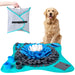 Snuffle mat with blue gray fleece strips on teal base with storage bag and golden retriever