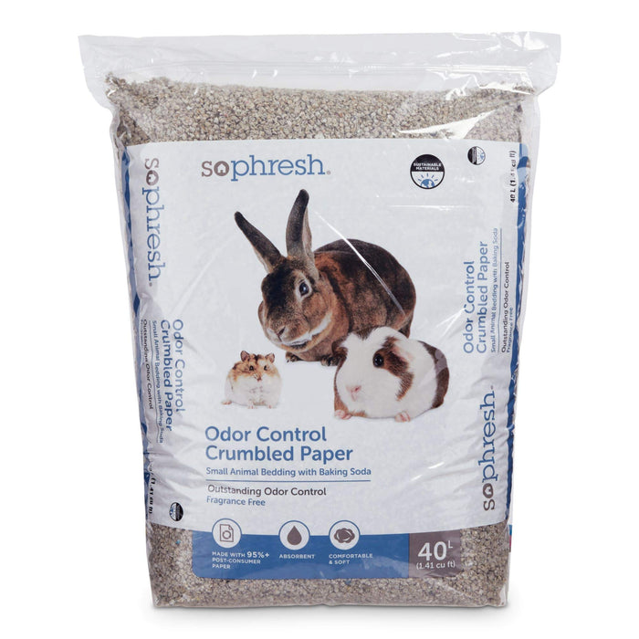 White package of SoPhresh odor control crumbled paper bedding showing rabbit and guinea pigs