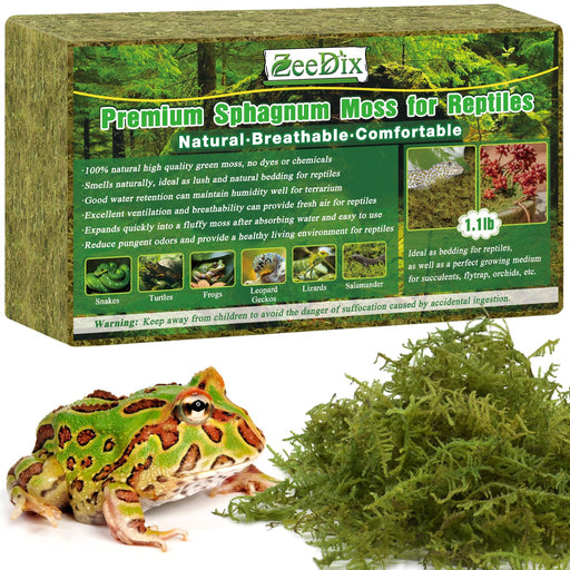 Green sphagnum moss package with colorful frog and expanded moss showing natural texture