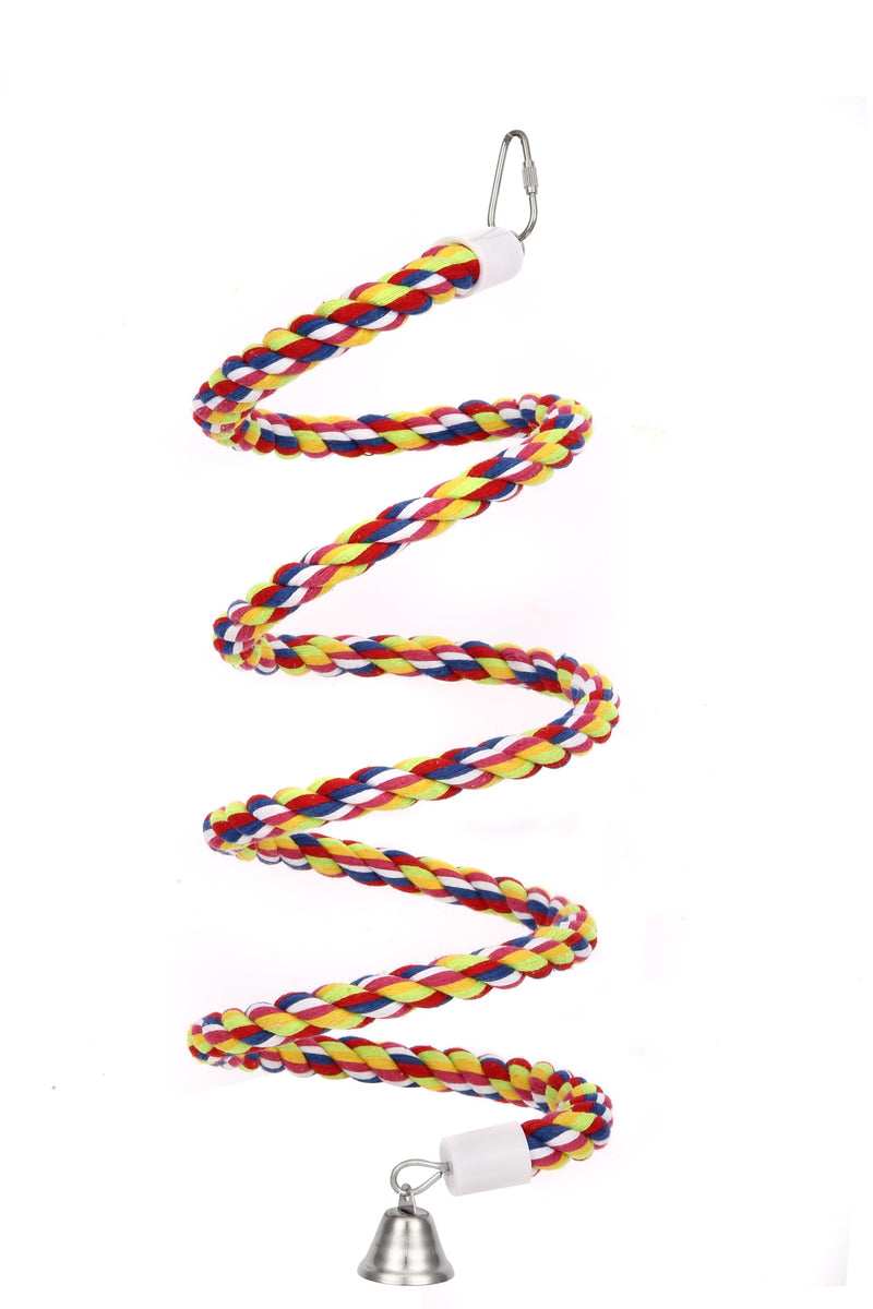 Colorful braided cotton spiral bird perch with bell, featuring red yellow blue white twisted rope