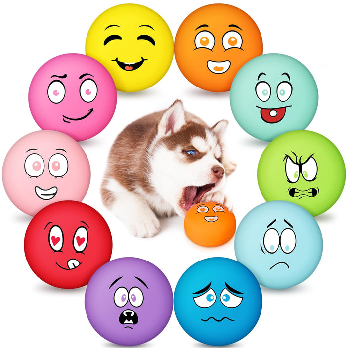 Brown and white husky puppy surrounded by colorful emoji face squeaky dog toys in circle