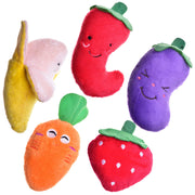 Five colorful plush dog toys shaped like fruits and vegetables with cute embroidered faces