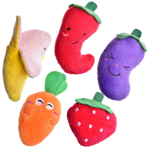 Five colorful plush dog toys shaped like fruits and vegetables with cute embroidered faces