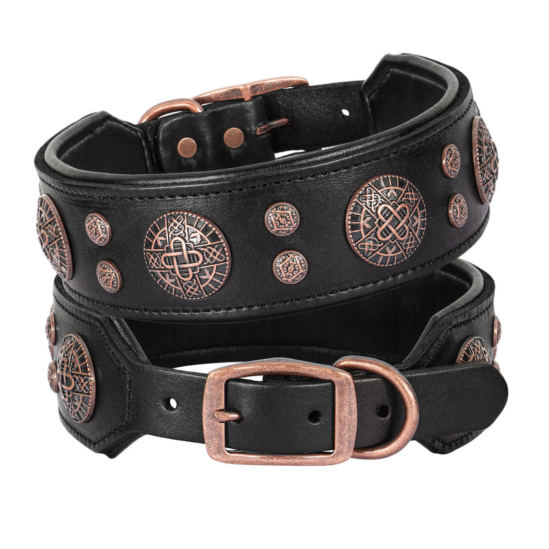 Two black leather dog collars stacked showing copper Celtic medallion studs and buckles