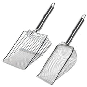 Two stainless steel cat litter scoops with different mesh patterns and long handles