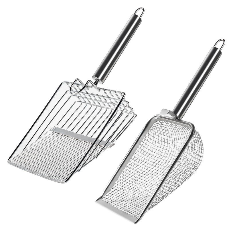 Two stainless steel cat litter scoops with different mesh patterns and long handles