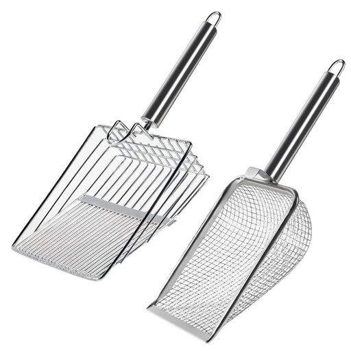 Two stainless steel cat litter scoops with different mesh patterns and long handles