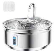 Stainless steel cat water fountain with flowing faucet and circular design, includes filter pads
