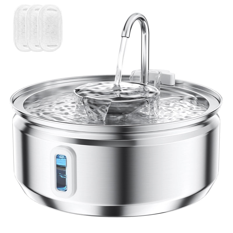 Stainless steel cat water fountain with flowing faucet and circular design, includes filter pads