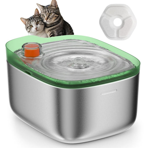 Stainless steel cat water fountain with green rim and two tabby kittens, includes replacement filter