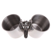 Stainless steel double bird feeding bowls with clamp mechanism shown from front angle