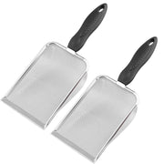 Two stainless steel mesh scoops with black ergonomic handles shown at an angle