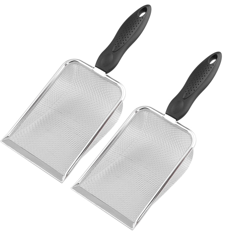 Two stainless steel mesh scoops with black ergonomic handles shown at an angle