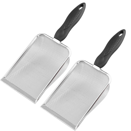 Two stainless steel mesh scoops with black ergonomic handles shown at an angle
