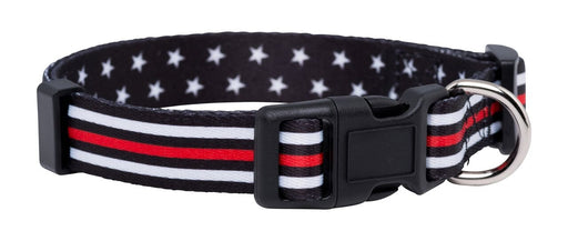 Black dog collar with white stars and thin red line stripe pattern with buckle clasp