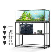 Black steel aquarium stand with fish tank, storage shelf, and assembly hardware pieces displayed