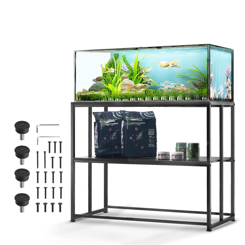 Black steel aquarium stand with fish tank, storage shelf, and assembly hardware pieces displayed