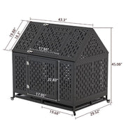 Black steel dog kennel with detailed dimensions labeled showing width, height, and depth