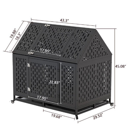 Black steel dog kennel with detailed dimensions labeled showing width, height, and depth