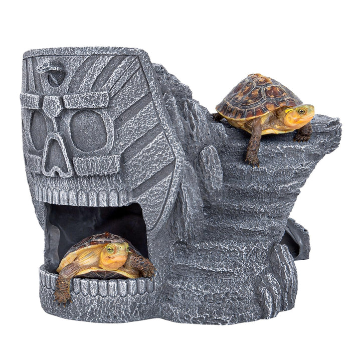 Gray stone Egyptian pharaoh skull cave with two small turtles positioned on top and inside