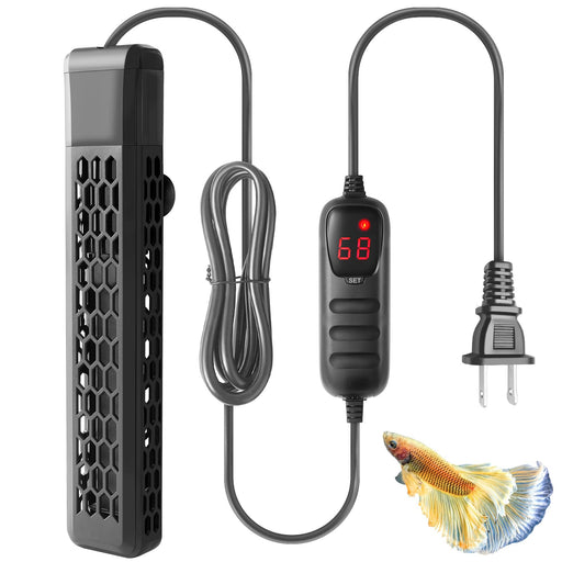 Black submersible aquarium heater with digital temperature controller showing 68 degrees and