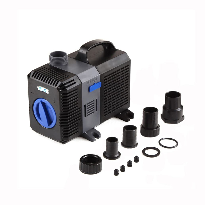 Black submersible pump with blue accents and complete accessory kit including fittings and rings