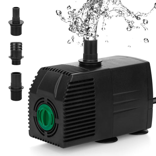 Black submersible water pump with green intake port and fountain nozzles creating water spray