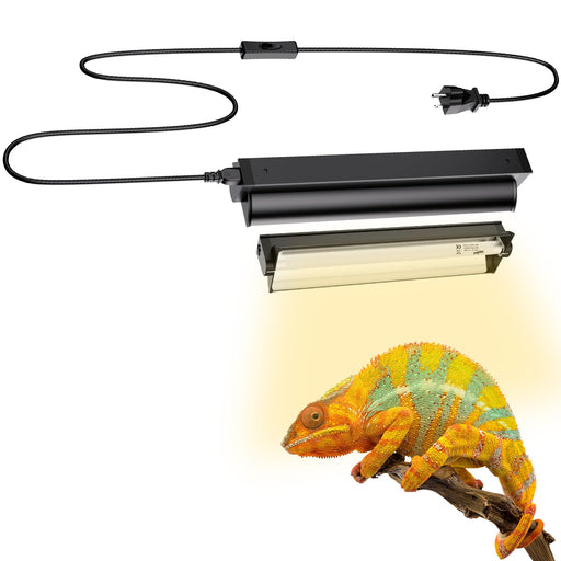 T5 UVB reptile light fixture with power cord and colorful chameleon on branch below