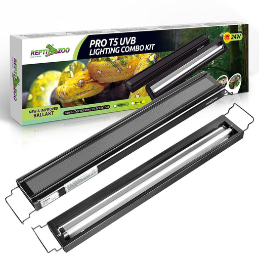 Black T5 UVB reptile lighting fixture with ballast and packaging showing yellow snake