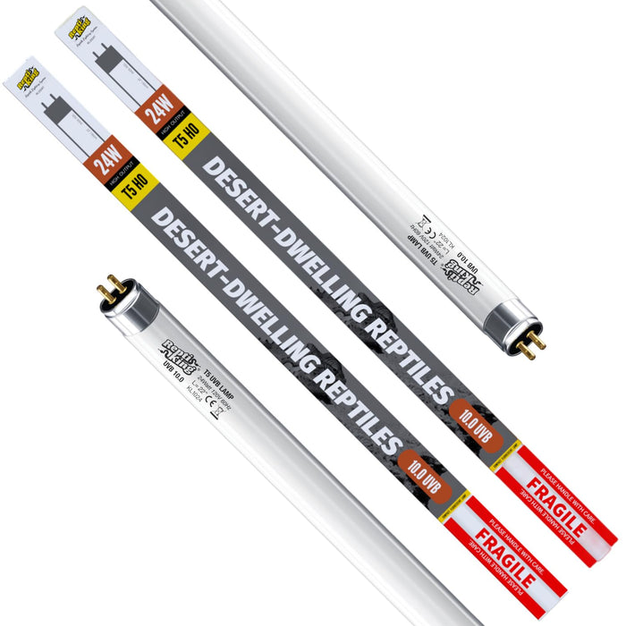 Two T5 HO 10.0 UVB desert dwelling reptile tube lights with packaging on white background