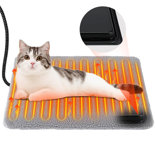 Gray and white tabby cat lying on waterproof heating pad with glowing orange heating elements