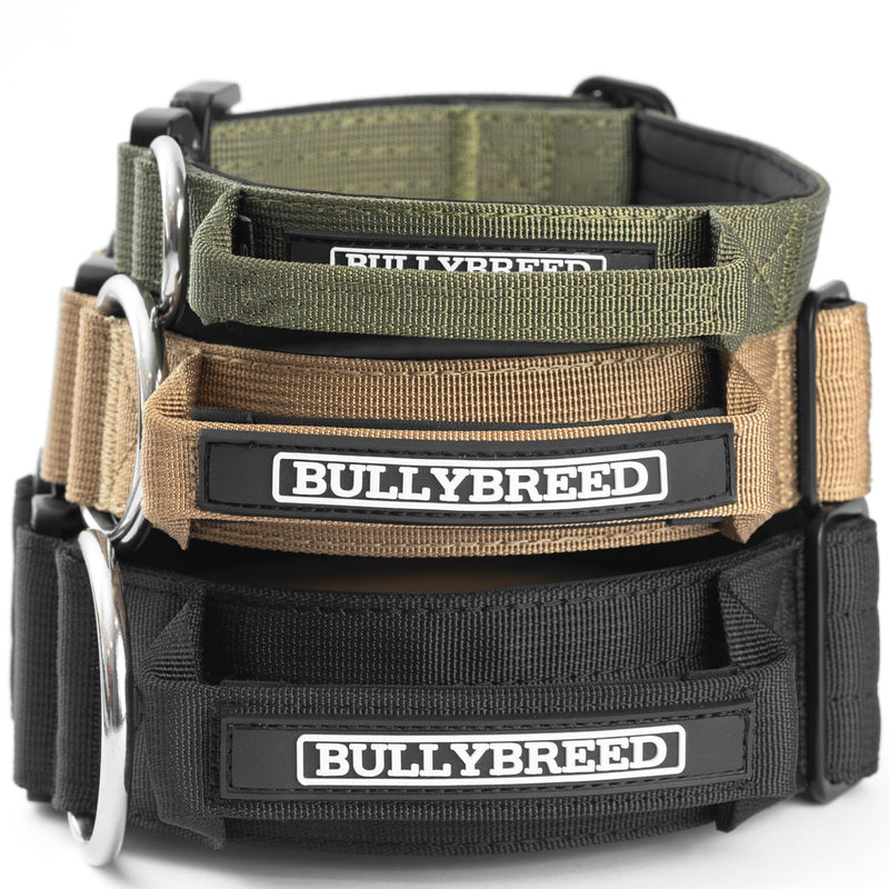 Three tactical dog collars in olive green, tan, and black with BULLYBREED labels and D-rings