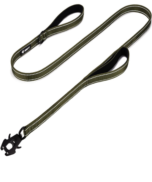 Olive green reflective dog leash with dual padded handles and black tactical clip attachment