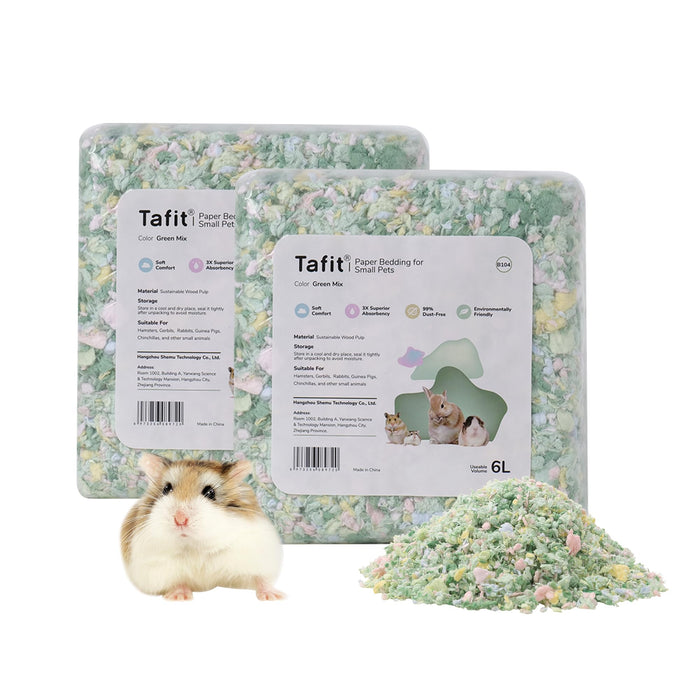 Green mixed paper bedding packages with hamster and bedding pile displayed on white background