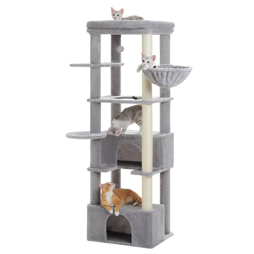Gray multi-level cat tower with four cats positioned on different platforms and hideaways