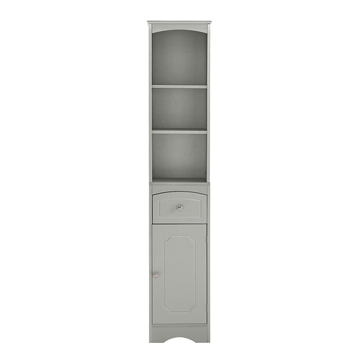 Tall slim bathroom cabinet in grey MDF provides vertical storage tower solution