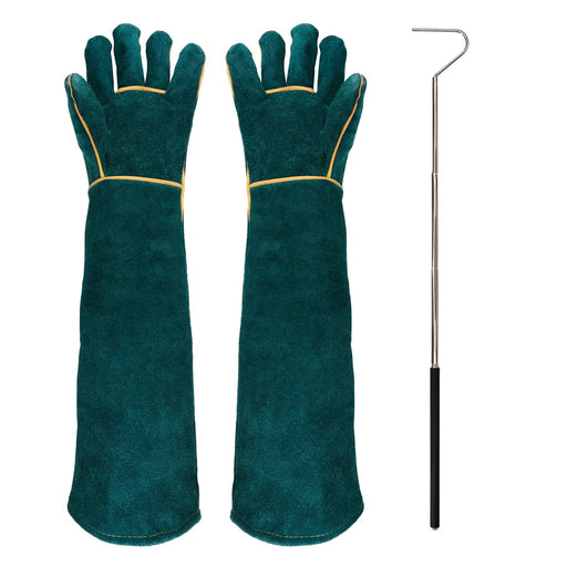 Teal leather animal handling gloves with extended sleeves and metal snake hook on white background