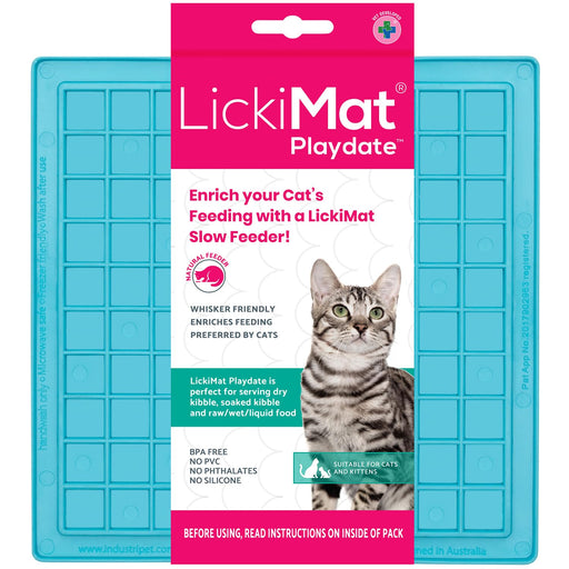 Teal LickiMat Playdate with grid pattern shown with product packaging featuring tabby cat