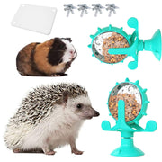 Teal rotating treat ball with guinea pig and hedgehog showing food puzzle toy components