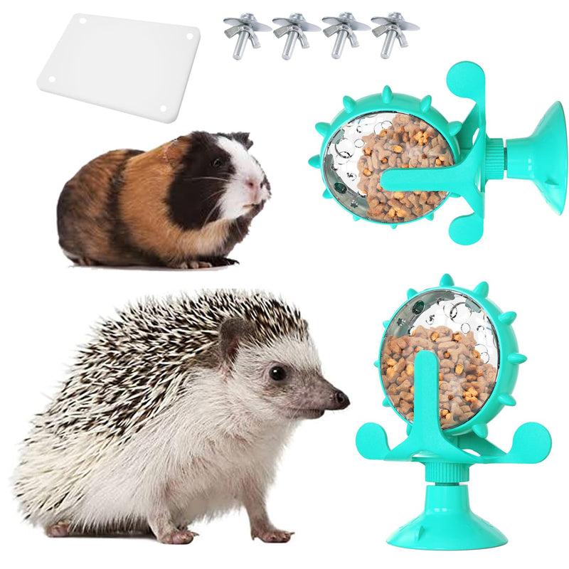Teal rotating treat ball with guinea pig and hedgehog showing food puzzle toy components