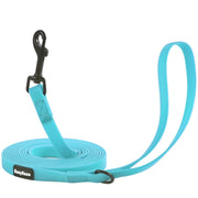 Teal EasyEase long dog training leash coiled with black snap hook and handle loop