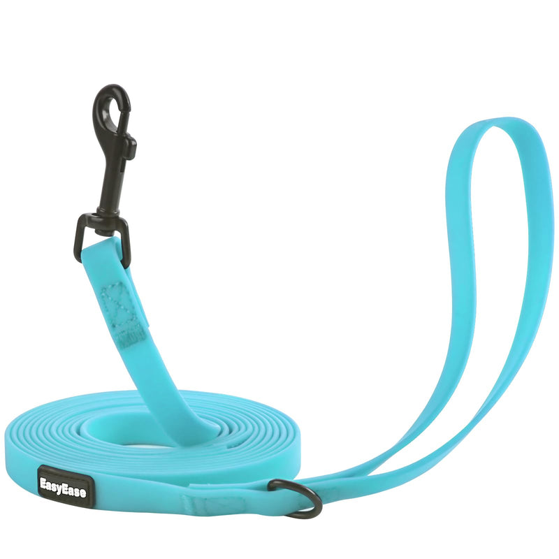 Teal EasyEase long dog training leash coiled with black snap hook and handle loop