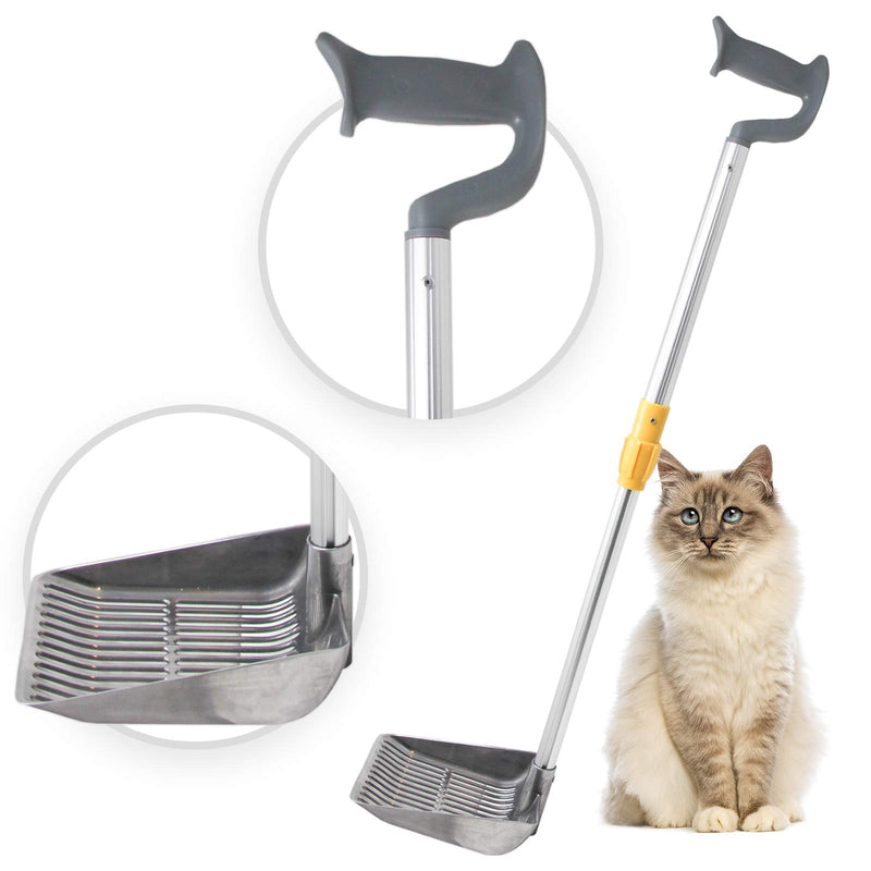 Stand-up cat litter scoop with telescoping handle shown with detail callouts and sitting cat