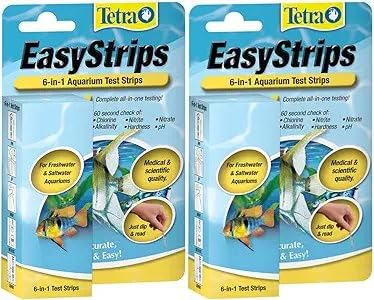 Two packages of Tetra EasyStrips 6-in-1 aquarium test strips showing blue and yellow packaging