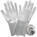 Gray silicone pet grooming gloves showing textured palms with circular inset of cat being bathed